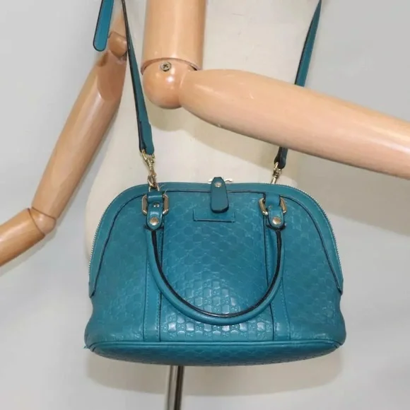 Authentic GUCCI Micro GG Canvas Hand Bag Leather 2way Turquoise Blue with strap - Picture 15 of 17